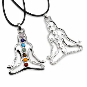 Front and back views of silver yoga chakra pendant necklace with seven colorful stones