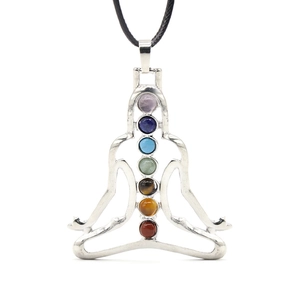 Chakra yoga meditation pendant with seven natural crystal stones on a black cord necklace