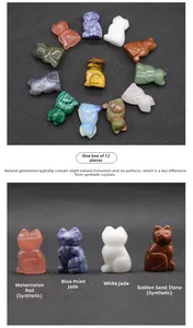 Detailed view of 12 multi-color carved crystal gemstone cat figurines in a variety of minerals