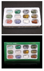 Detailed set of 12 gemstone cat figurines in varied natural stones and green gift box
