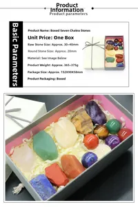 Detailed view of 7 Chakra stones set featuring raw minerals and polished spheres in a gift box