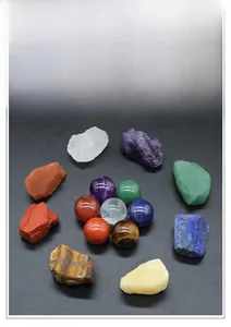 Macro shot of natural crystal spheres and raw mineral stones set for healing