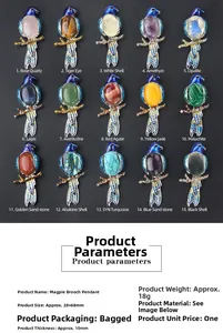 Detailed size specifications and 28x68mm dimensions for the magpie gemstone brooch pendant