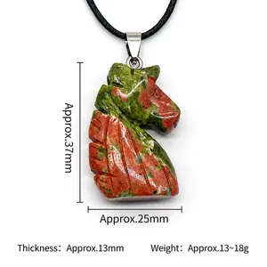 Unakite eenhoorn hanger ketting met paardenkop snijwerk en een zwart koord ketting