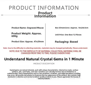 Detail guide explaining natural crystal textures and specs for carved mouse ornaments
