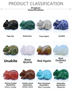 Detailed grid of 12 gemstone mouse carvings in rose quartz tiger eye and malachite