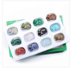 Set of 12 gemstone mouse animal carvings in various natural stones with display box