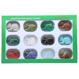 Set of 12 hand-carved gemstone mouse figurines in various natural stones with gift box