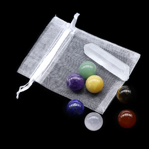 Chakra healing crystal set with 6 spheres and clear quartz wand in organza bag