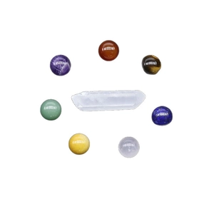 Chakra healing set with seven colorful crystal spheres and a clear quartz stone wand