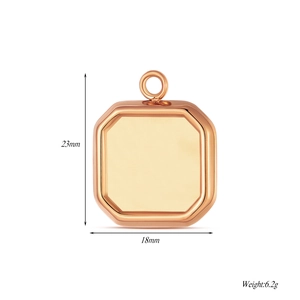 Detailed view of rose gold octagonal pendant showing 23mm height and 18mm width dimensions