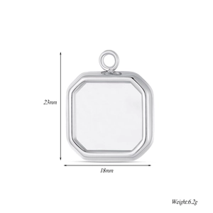 Polished stainless steel square pendant with size markings showing 23mm height and 18mm width