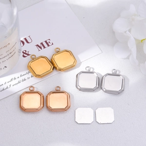Minimalist square stainless steel frame necklaces in gold, silver, and rose gold finishes