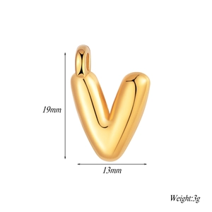 Polished gold letter V charm with 19mm height and 13mm width dimensions and weight of 3g