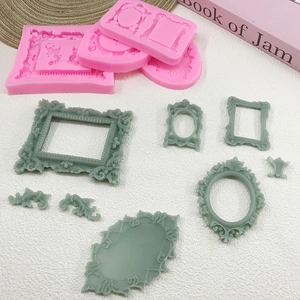 Pink silicone Baroque frame molds for fondant cake decorating and DIY crafts with floral motifs