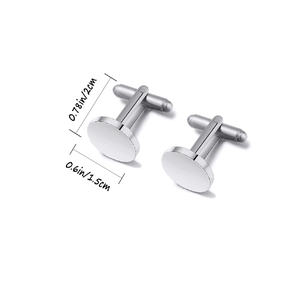 Polished silver stainless steel round cufflinks for men showing standard dimensions