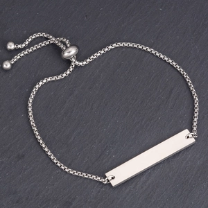 Polished stainless steel rectangular connector tag on a box chain adjustable bracelet