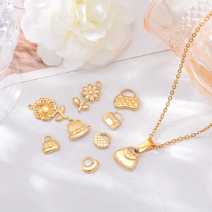 Golden stainless steel bag and flower pendants with a thin chain necklace for DIY jewelry