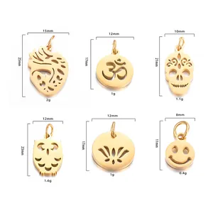 Polished stainless steel pendants size guide with skull, owl, and heart shapes