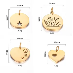 Guide des tailles montrant dimensions et poids pour quatre modèles de pendentifs en acier