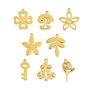 Beloques Pendentifs DIY en Acier Inoxydable Ajourés Fleur Trèfle Feuille Arbre Clé Rose pour Fabrication de Bijoux Or Argent