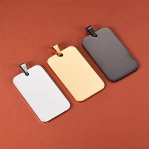Rectangular stainless steel dog tag pendants in silver, gold, and black matte finish