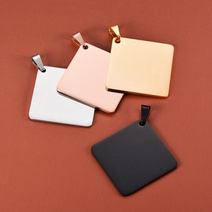 Diamond-shaped stainless steel blank dog tags in silver, gold, rose gold and matte black