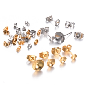 Gold and silver stainless steel ear stud posts with bowl settings and butterfly backs