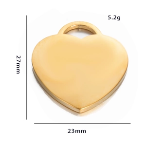 Detailed view of a 23mm by 27mm gold heart pendant with dimensions and weight info