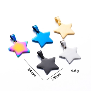 Detailed size view of five-pointed star stainless steel pet tags in multiple metallic colors