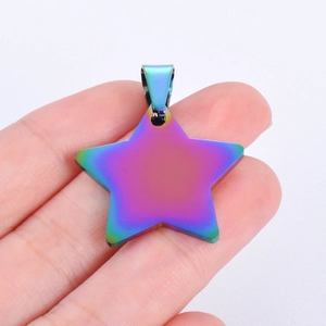 Rainbow gradient star shaped stainless steel pet ID tag with polished finish and metal clasp