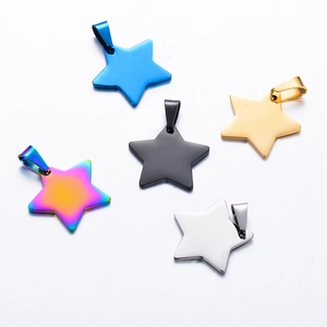 Five-pointed star stainless steel pet ID tags in five metallic colors on white background