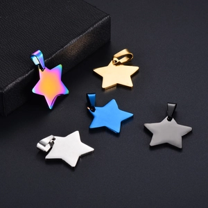 Pentagram star pet tags in rainbow, gold, blue, silver, and matte black stainless steel