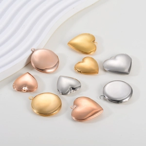 Polished stainless steel heart and round photo locket pendants in gold silver rose gold