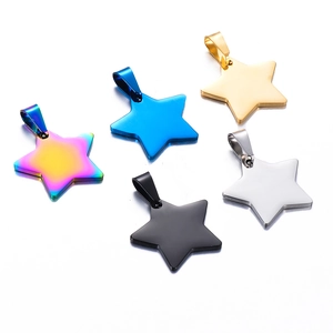 Polished star-shaped stainless steel pet tags in five vibrant metallic colors