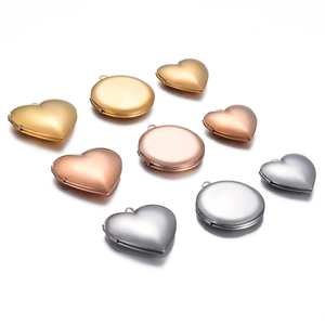 Mirror polished heart and round stainless steel locket pendants in gold rose gold and silver