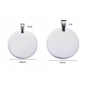 Polished stainless steel round dog tags in 30mm and 35mm sizes with pinch bails