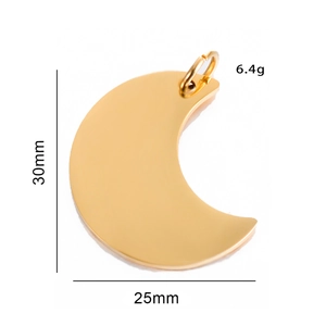 Polished golden stainless steel moon pendant detail with 30x25mm size specifications