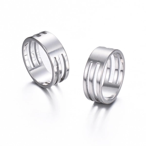 Minimalist silver stainless steel wide open rings with hollow stripe geometric design