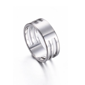 Detailed macro view of industrial style stainless steel ring with vertical open slots