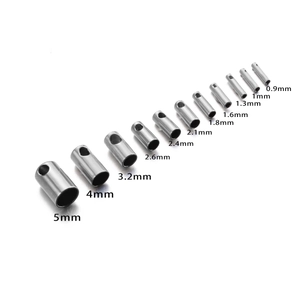 Stainless steel cylinder cord end caps in 11 sizes ranging from 0.9mm to 5mm