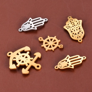 Polished stainless steel DIY jewelry pendants with Hamsa hand and nautical anchor designs