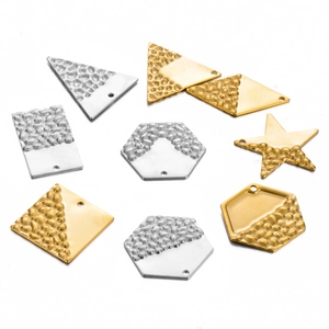 Polished and hammered geometric stainless steel charms for DIY jewelry in gold and silver