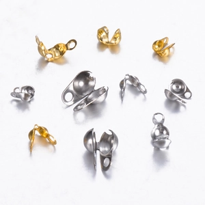 Polished stainless steel ball chain fold-over crimp bead connectors in gold and silver