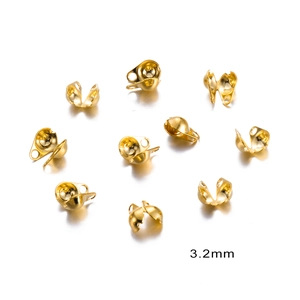 Detailed macro view of 3.2mm gold stainless steel bead chain fold-over connector clasps