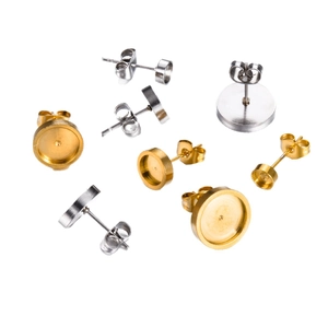 Gold and silver stainless steel DIY earring bezel posts with butterfly backs in various sizes