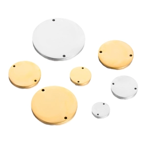 Polished gold and silver stainless steel round blank tags in multiple sizes with dual holes