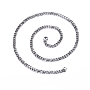 Polished stainless steel curb chain necklace with secure lobster clasp on white background