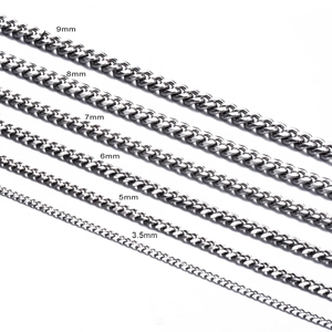 Various widths of stainless steel Cuban link chains from 3.5mm to 9mm on white background