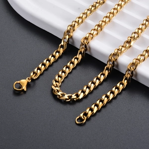 Mens gold Cuban link chain necklace with lobster clasp in polished stainless steel